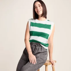Aurelia Womens 100% Cotton Supersoft Boxy Fit Vest - Green Stripe