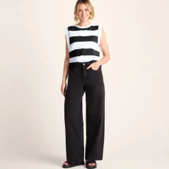 Aurelia Womens 100% Cotton Supersoft Boxy Fit Vest - Washed Black Stripe