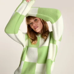 Celeste Womens Checkerboard Chunky Knit Jumper - Lemon Lime