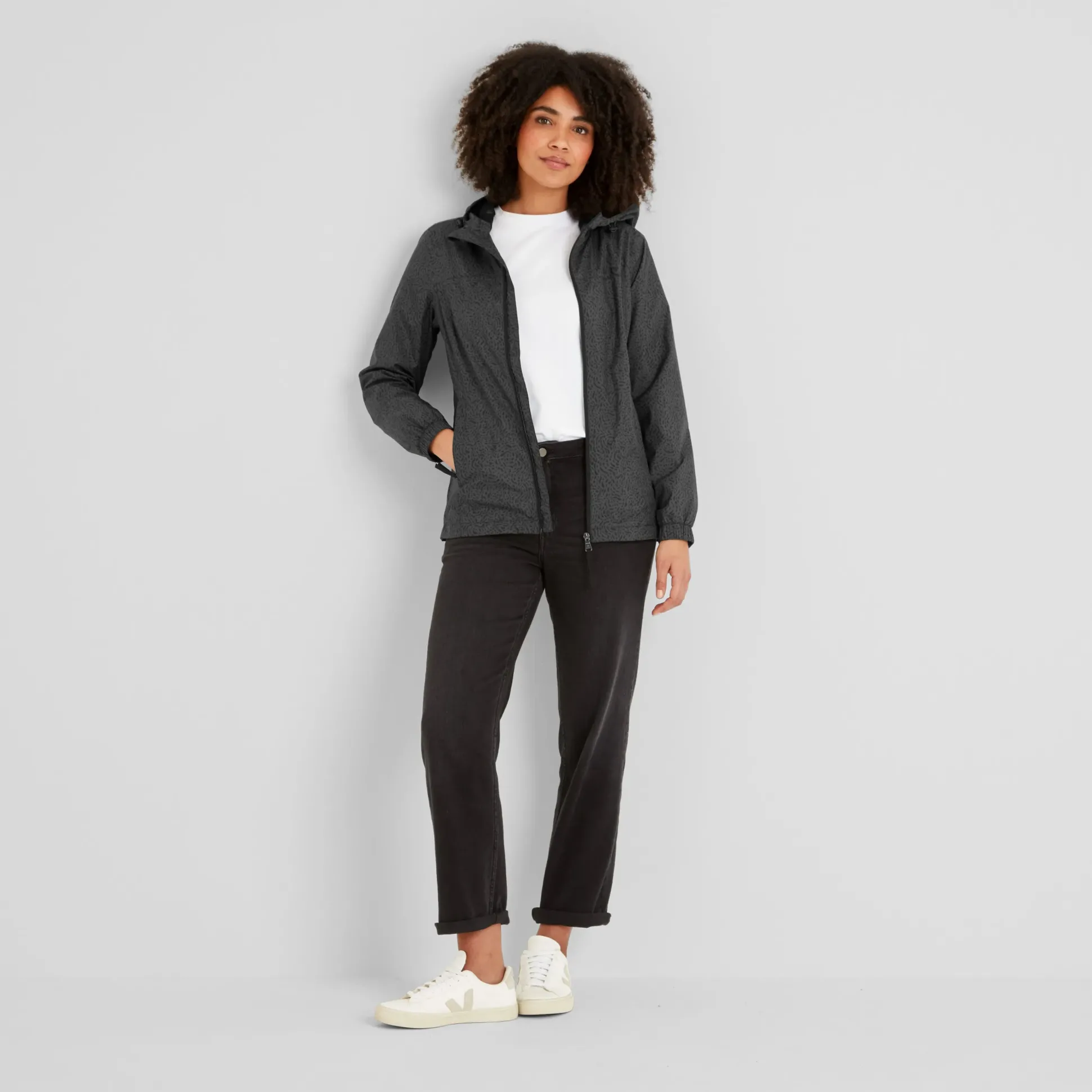 Craven Womens Waterproof Packaway Jacket - Washed Black Swirl Print