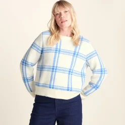 Delilah Womens Checked Chunky Knit Jumper - Vanilla & Cobalt Check