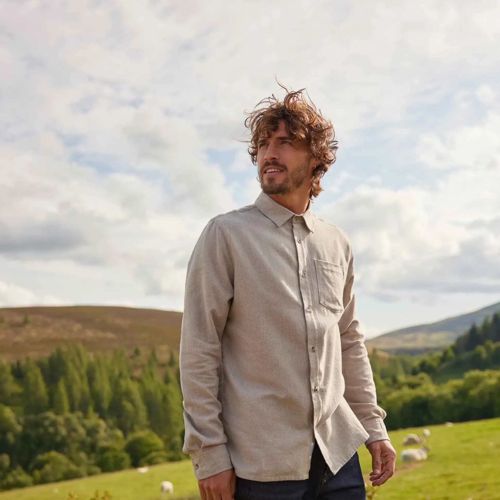 Draper Mens Long Sleeve Cotton Herringbone Shirt - Hazelnut