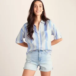 Julie Womens Short Sleeve Seersucker Blouse - Blue Hues Print