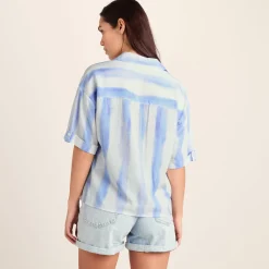 Julie Womens Short Sleeve Seersucker Blouse - Blue Hues Print