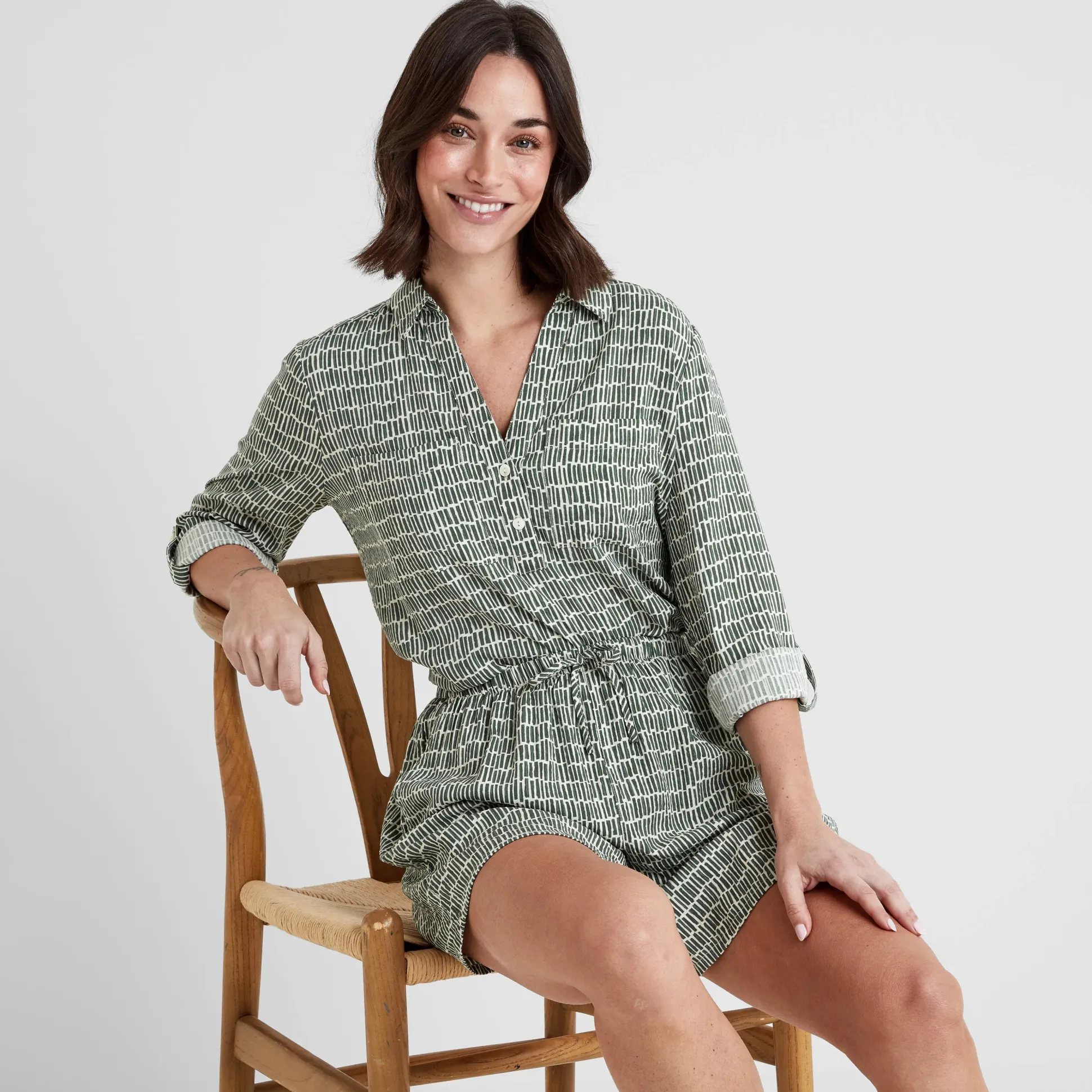 Kadina Womens Long Sleeve Shirt - Green Dash Print