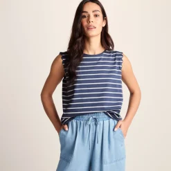 Katie Womens 100% Cotton Supersoft Vest - Smokey Blue/Optic White Stripe