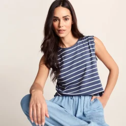 Katie Womens 100% Cotton Supersoft Vest - Smokey Blue/Optic White Stripe