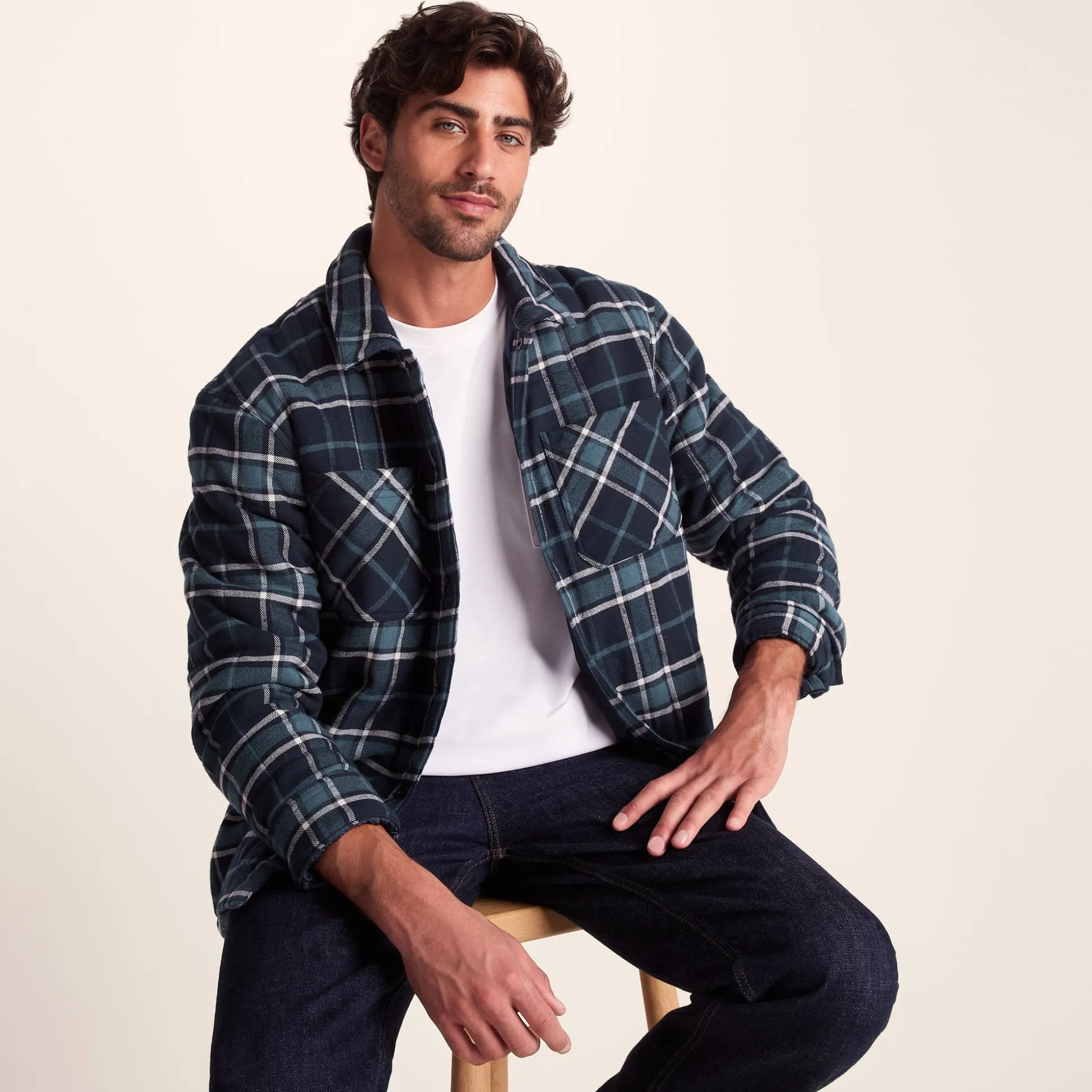 Kinsey Mens Quilted Flannel Shacket - Dark Indigo Check