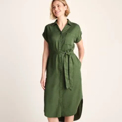 Lenira Womens Relaxed Fit Luxurious Tencel Lyocell Shirt Dress - Dark Matcha