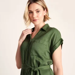 Lenira Womens Relaxed Fit Luxurious Tencel Lyocell Shirt Dress - Dark Matcha