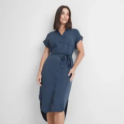 Lenira Womens Relaxed Fit Luxurious Tencel Lyocell Shirt Dress - Dark Denim