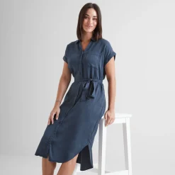 Lenira Womens Relaxed Fit Luxurious Tencel Lyocell Shirt Dress - Dark Denim