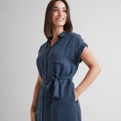 Lenira Womens Relaxed Fit Luxurious Tencel Lyocell Shirt Dress - Dark Denim