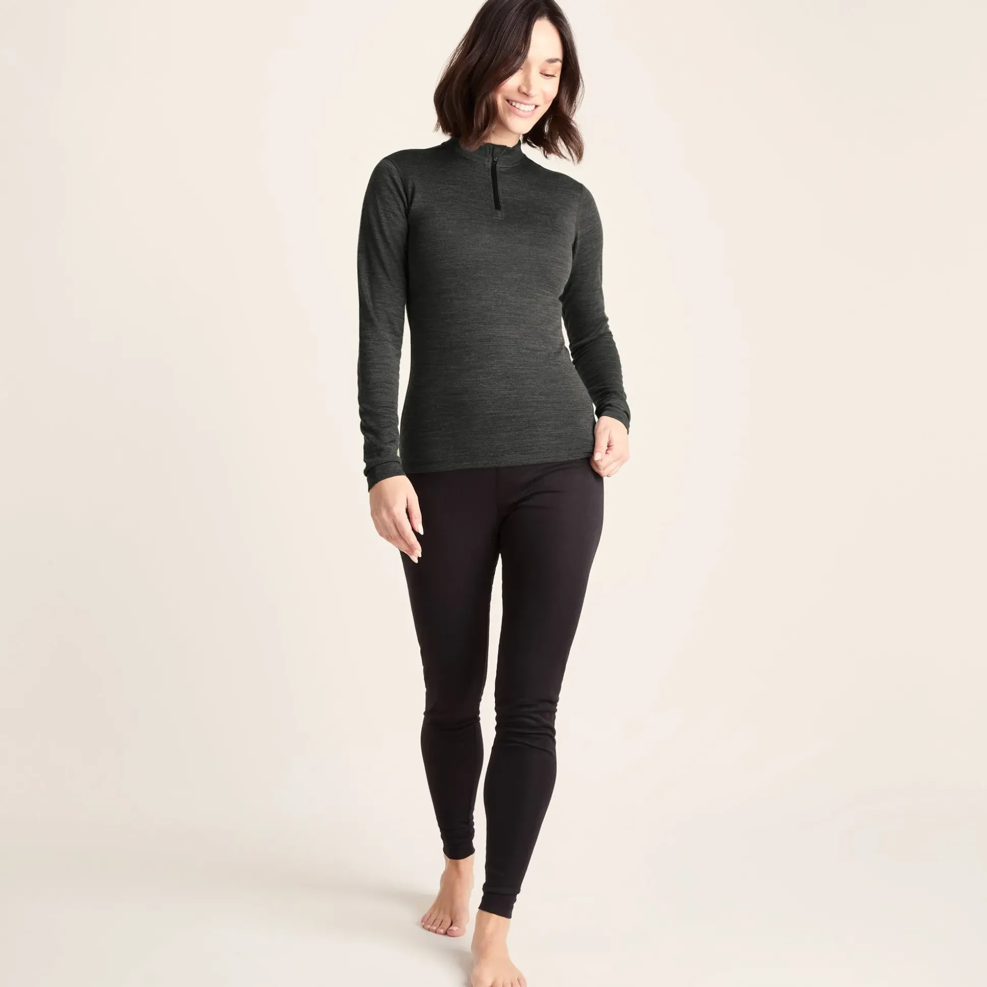 Nevis Womens Merino Base Layer Zip Neck - Grey Marl