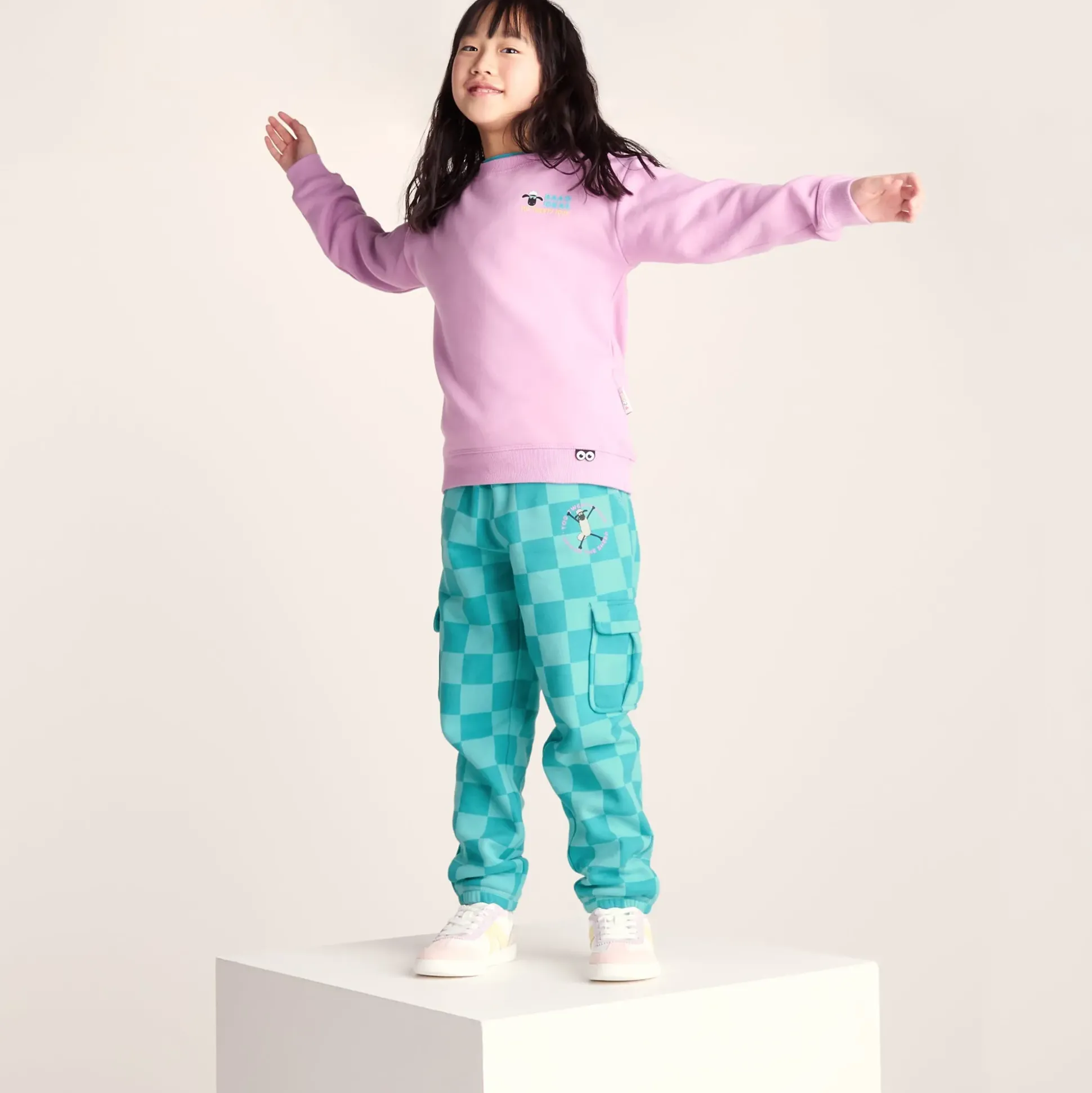 Polypay Kids Shaun the Sheep Sweat Pant - Spearmint/Bubblegum Checkerboard
