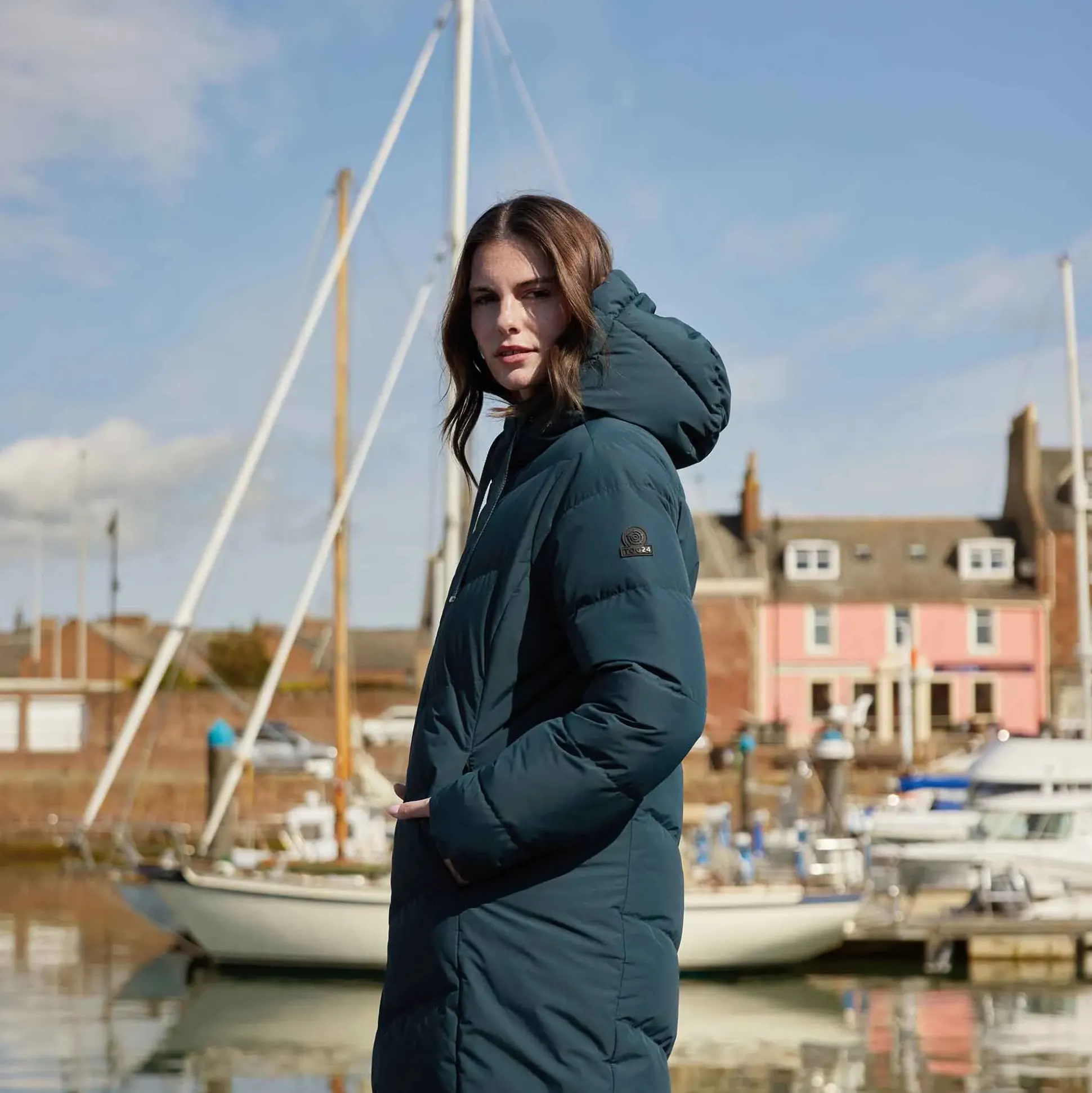 Raleigh Luxe Womens Long Shower Resistant Down Insulated Jacket - Petrol Green