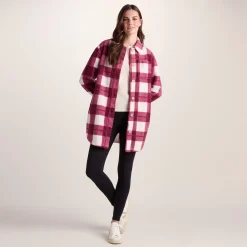 Sally Womens Sherpa Fleece Shacket - Burgundy Check