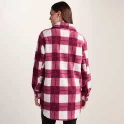 Sally Womens Sherpa Fleece Shacket - Burgundy Check