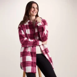 Sally Womens Sherpa Fleece Shacket - Burgundy Check