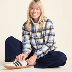 Sara Womens Relaxed Fit Sherpa Fleece Zip Neck - Cobalt & Brown Check