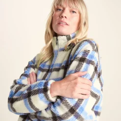Sara Womens Relaxed Fit Sherpa Fleece Zip Neck - Cobalt & Brown Check