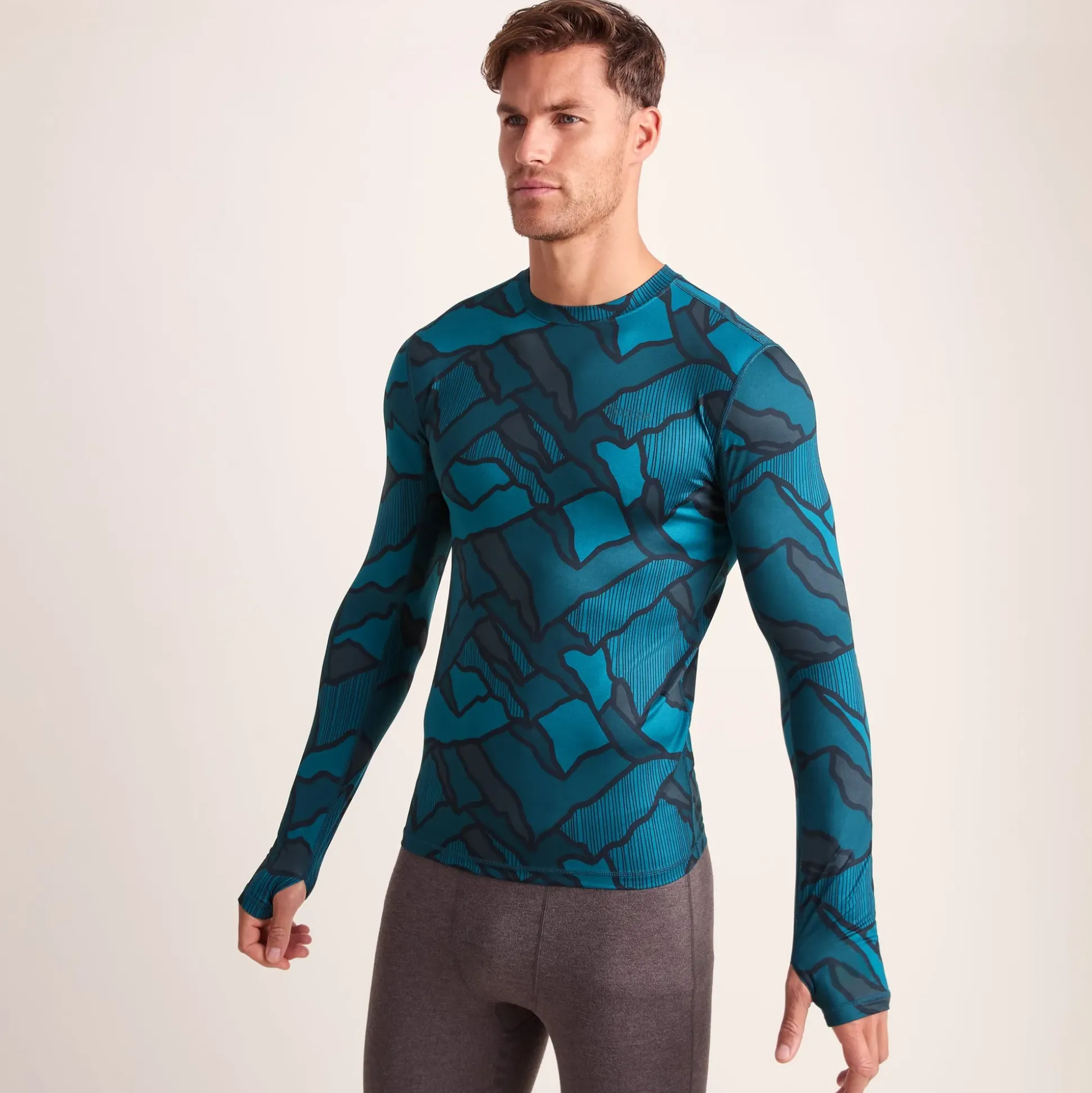 Snowdon Mens Thermal Crew Neck Base Layer - Dark Turquoise Abstract Mountain Print