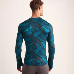 Snowdon Mens Thermal Crew Neck Base Layer - Dark Turquoise Abstract Mountain Print