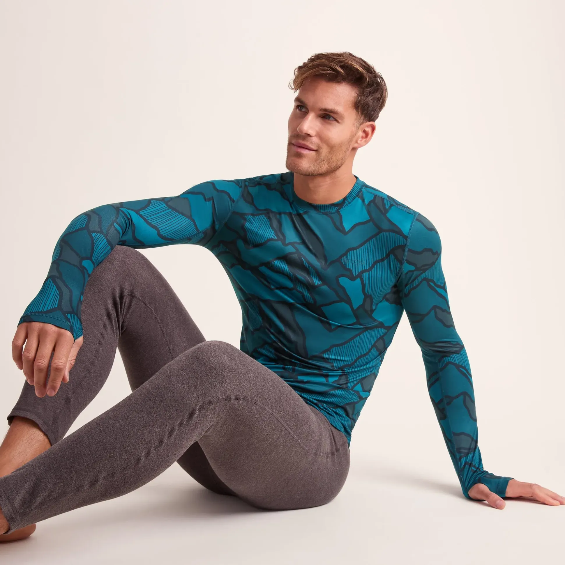 Snowdon Mens Thermal Crew Neck Base Layer - Dark Turquoise Abstract Mountain Print
