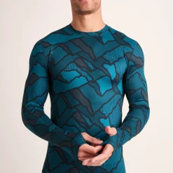 Snowdon Mens Thermal Crew Neck Base Layer - Dark Turquoise Abstract Mountain Print