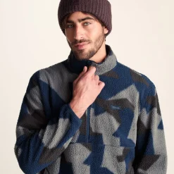Zermatt Mens Relaxed Fit Sherpa Fleece Zip Neck - Blue Geo Camo Print